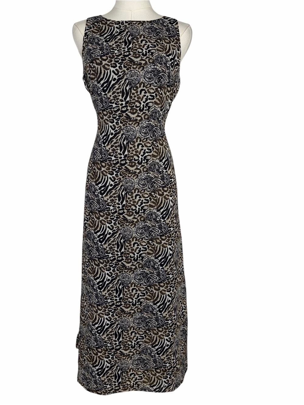 VTG 90s Animal Print Maxi Dress Waist Tie Size  10/M Rayon